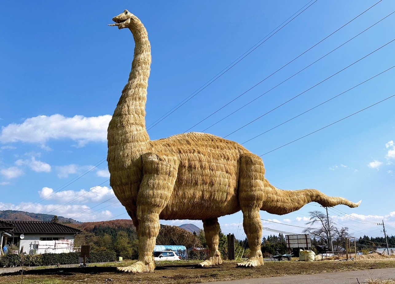 青空に首を高く伸ばす、わらで作られた巨大な恐竜作品「迷惑龍」